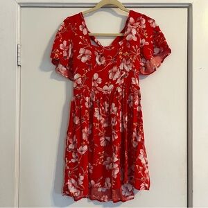 Band of Gypsies Vibrant Red Floral mini Dress smocked stretch women’s medium